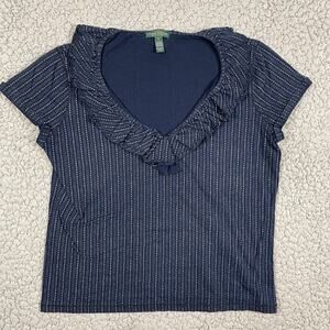Lauren Ralph Lauren Ruffle Collar Top Womens XL Blue Cap Sleeve Vintage V-Neck